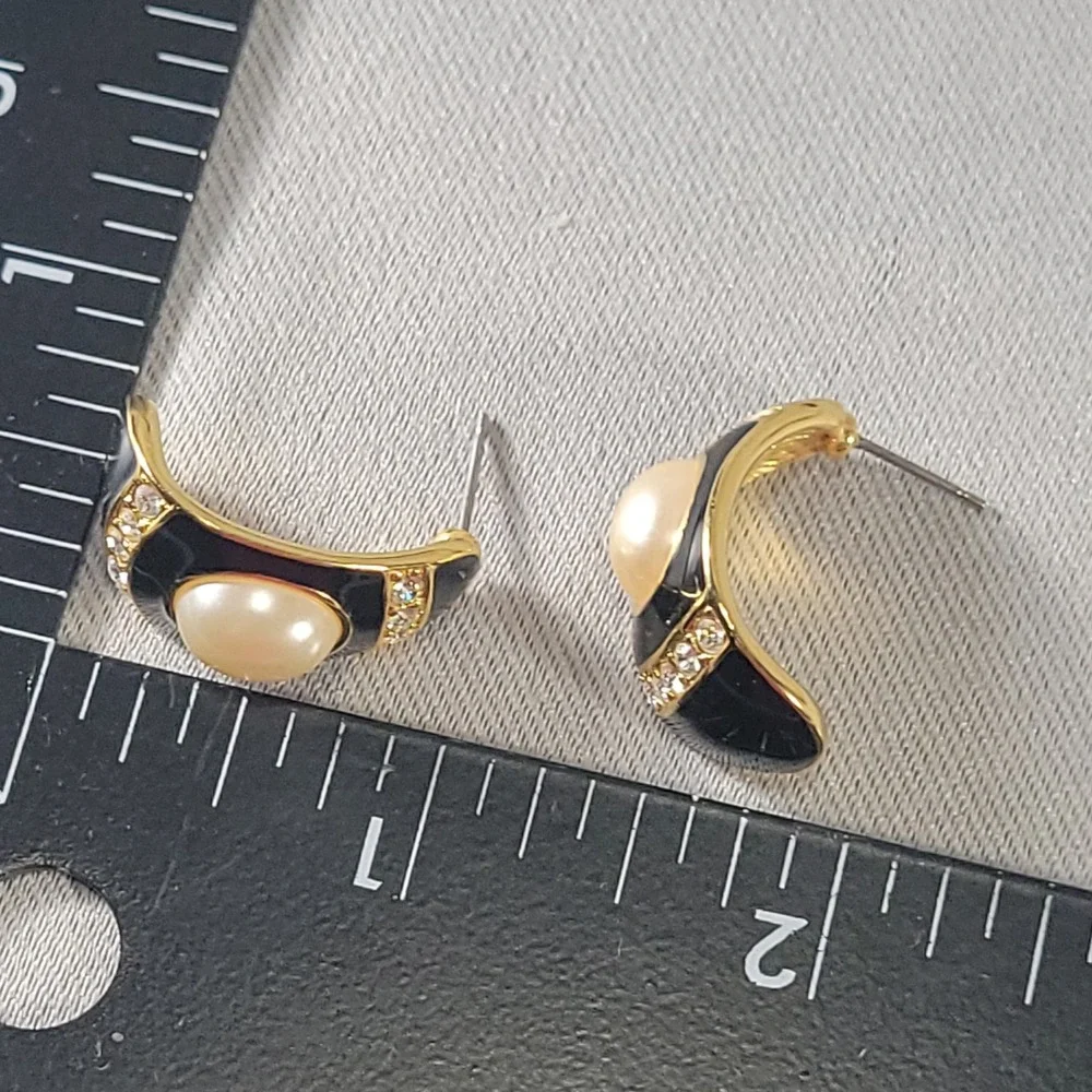 Joan Rivers Earrings Womens Gold Tone Black Enamel Faux Pearl Rhinestone J-Hoop